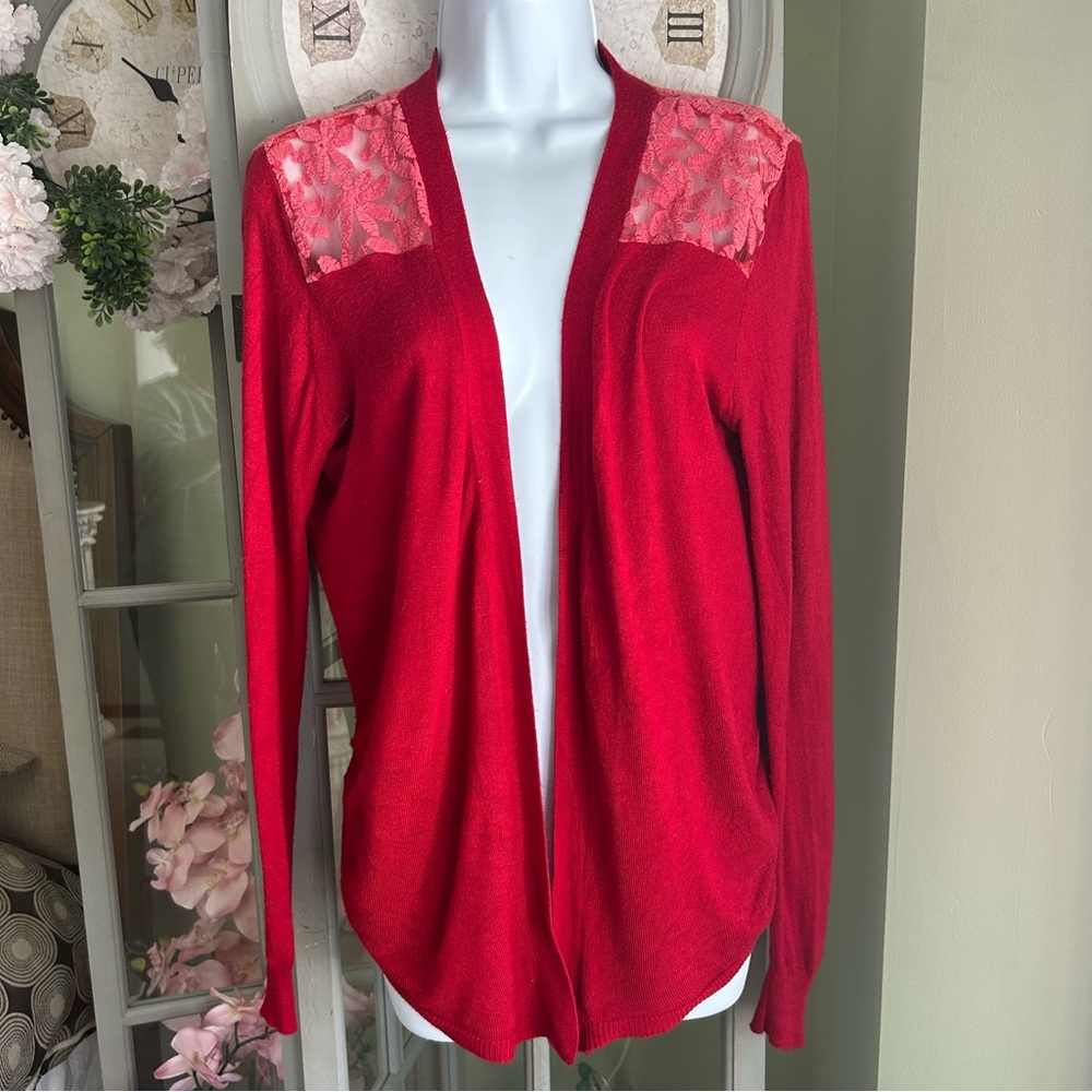 PAPILLON Open Front Cardigan Red Lightweight Sweater with Embroider Lace Back XL